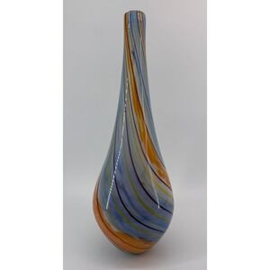 Murano Style Art Glass Vase Swirl Blue Orange Yellow Brown Hand Blown Tall Decor